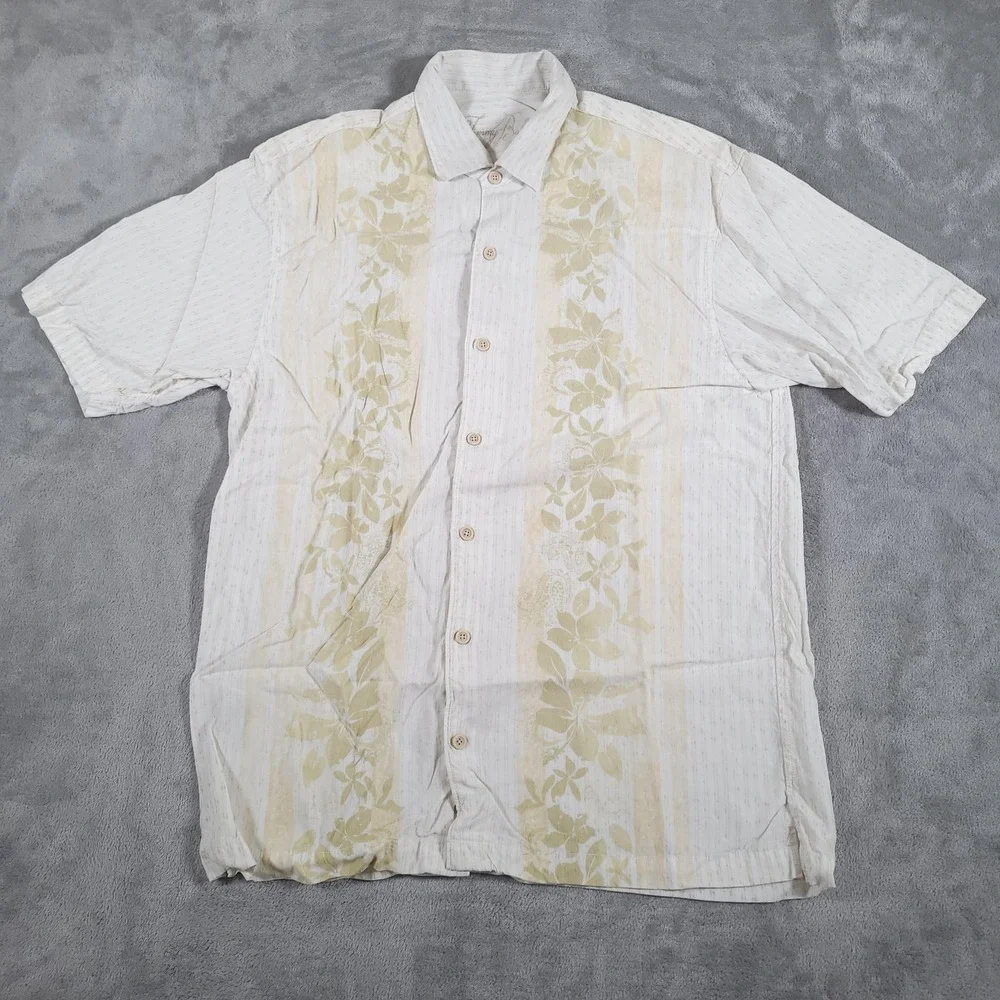 Tommy Bahama Shirt Mens Large White Beige Floral Hawaiian‎ Button Up Embroidered